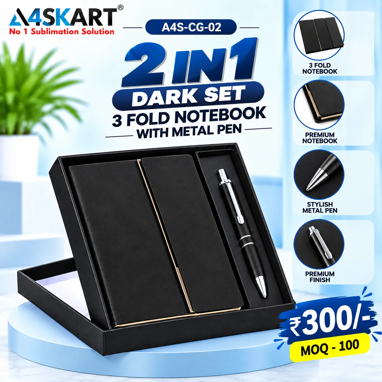 2 in 1 Dark set 3 fold notebook with metal pen