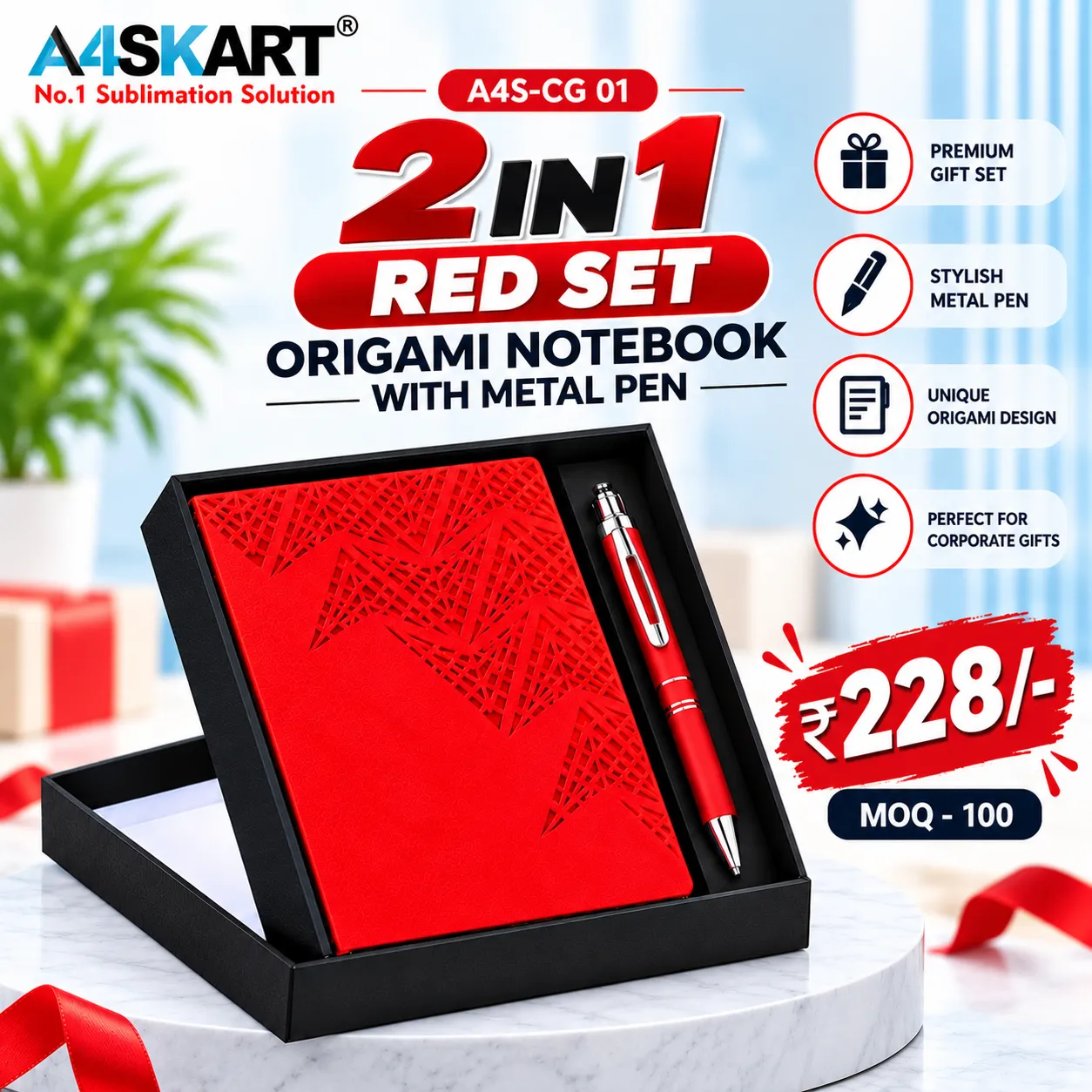 2 in 1 Red set orgami notebook with metal pen