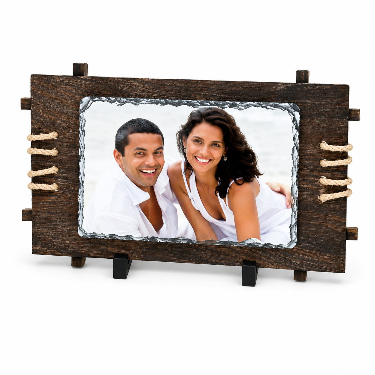 Personalized Stone Photo Slate with Wooden Frame (Size: 18 × 25 cm).