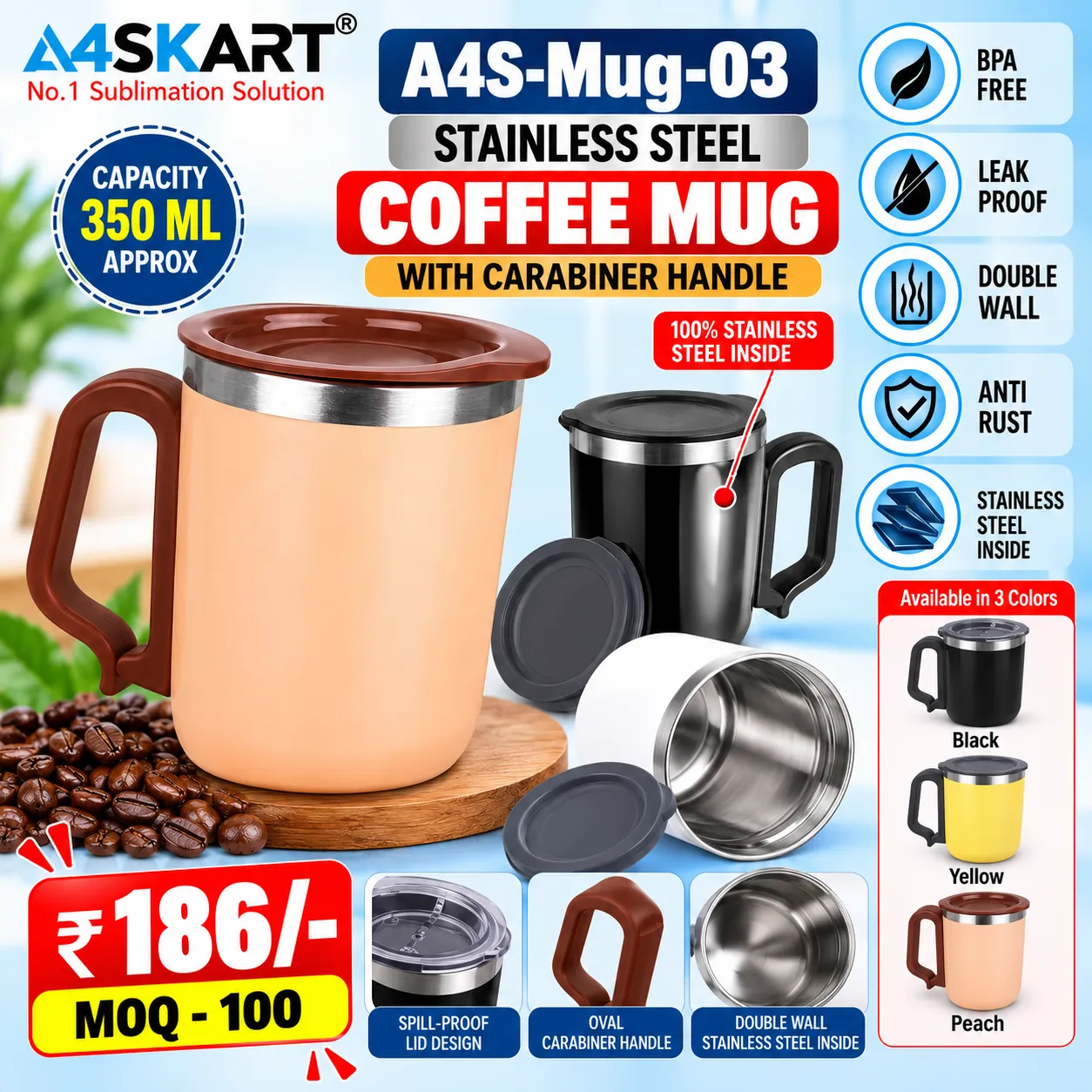 Stainless Steel Coffee Mug with Carabiner Handle